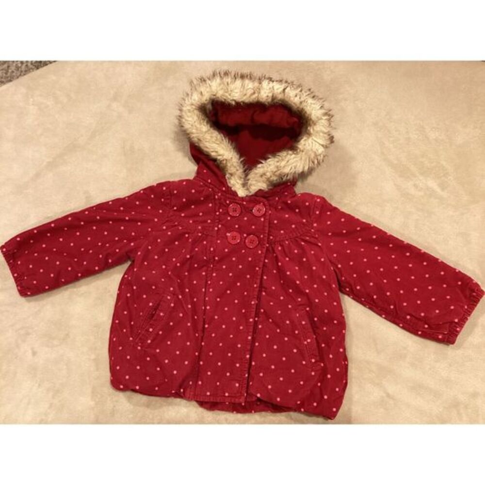 Gymboree Cozy Owl red corduroy coat with pink polka dots, Size 12-24 Months